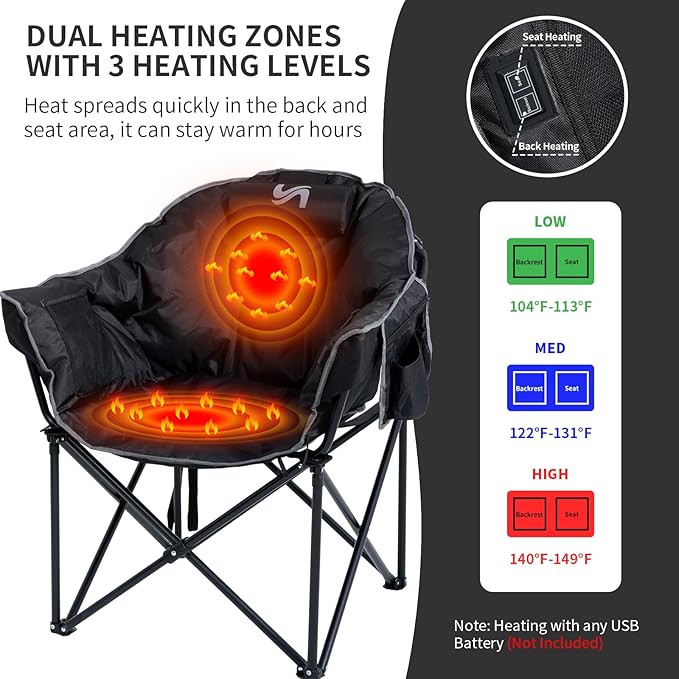 2 Pack Oversized Heated Camping Chair 3 Heating Levels Soft Padded Camp Chairs with Pillow and Storage Bag Portable Folding Outdoor Heated Moon Chair for Lawn Patio Beach and Picnics Black