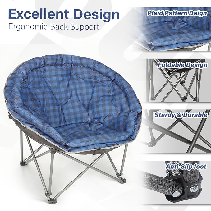 Oversized XXL Folding Round Camping ChairSuper Comfy Padded Moon Camp ChairsHeavy Duty Supports 200 Kg Outdoor Lawn Chairs for AdultsPerfect for IndoorFamily CampingHikingPicnics and Garden