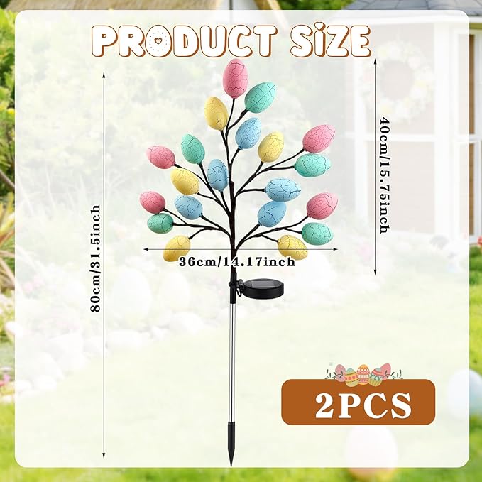 2 Pack Solar Easter Egg Lights Outdoor 40 LED Waterproof Solar Easter Yard Decorations Outdoor Easters Yard Stakes Lights with 2 Lighting Modes for Outside Lawn Walkway Patio Cemetery Grave