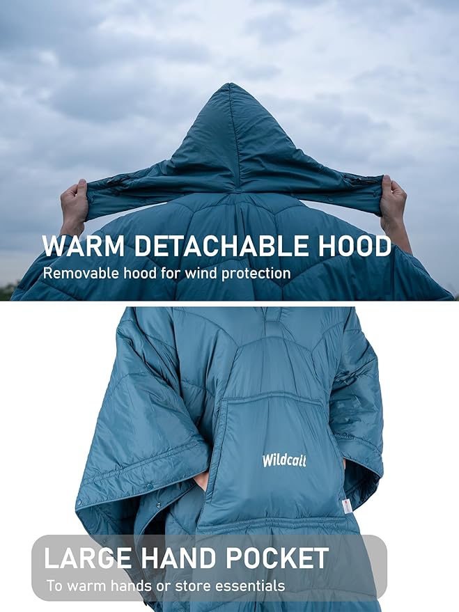 WildCall Hooded Camping Blanket with 3M Thinsulate Insulation Wearable Poncho Blanket Ultralight Foldable Quilt Sleeping Bag for Outdoor Hiking Stadium
