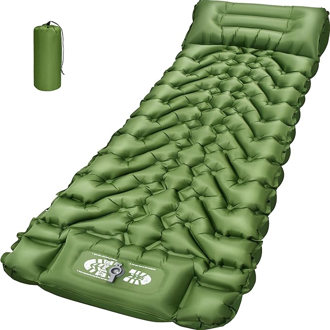 Camping Sleeping Pad Backpacking Sleeping Pad with Built-in Pillow and Foot Pump 4in Thick Compact Inflatable Camping Air Mattress for Hiking Tent Road Trip Car Camp Travel Gear