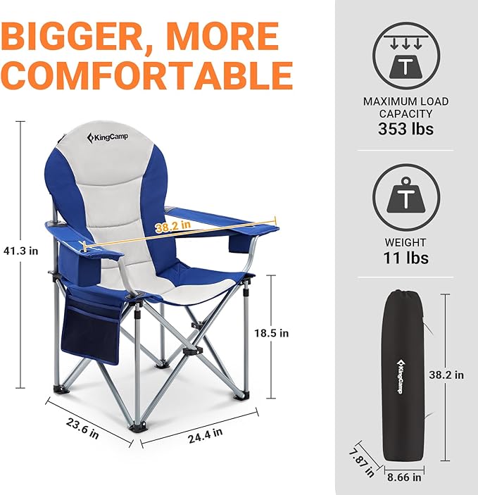 KingCamp Oversized Camping Folding Chair with Lumbar Support Heavy Duty Ergonomic Padded Arm Chair with Cooler Bag Cup Holder Portable for Outdoor