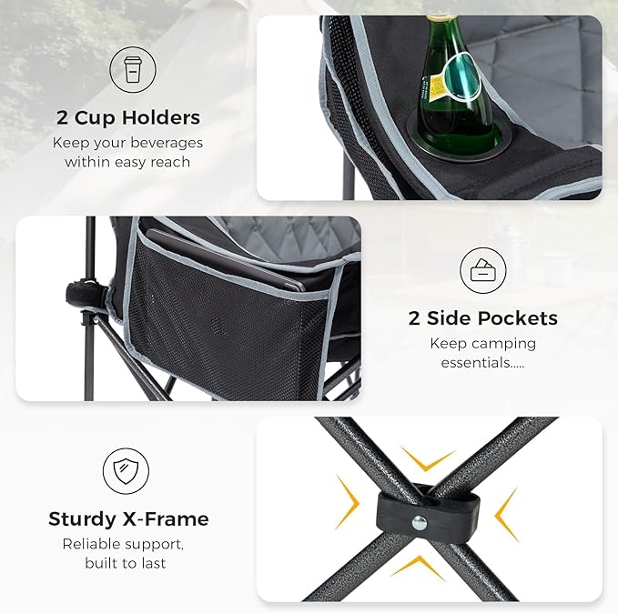 3 Person Camping Chair Oversized Padded Loveseat Camping Chairs Heavy Duty Folding Outdoor Couch with Cup Holder &amp Phone Side Pocket Extra Wide Outdoor Loveseat for Camping Tailgating Lawn Black