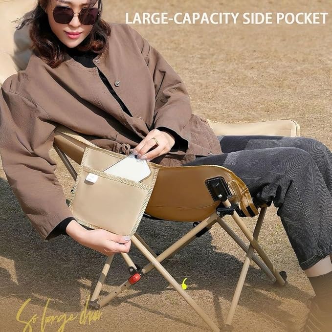 Folding Camping Chair with Removable Leg Rest Outdoor Chairs with Large-Capacity Side Pockets for Fishing Hiking Home(Beige)