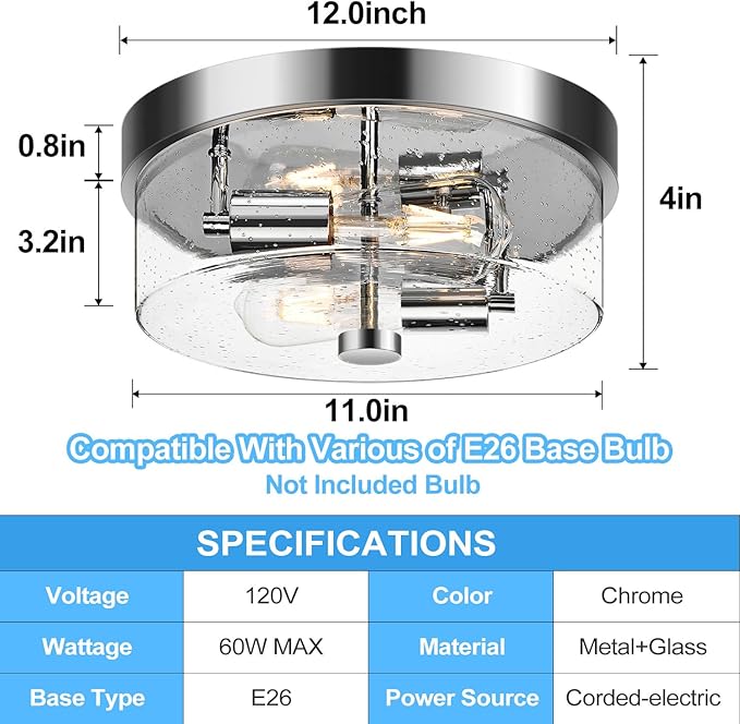 Flush Mount Ceiling Light Fixtures 2-Light Chrome Ceiling Mount for Farmhouse with Seeded Glass Lampshade Industrial Hall Flush Mount Light Fixture for Hallway Kitchen Entryway Bedroom and Foyer
