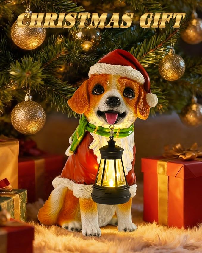 Christmas Dog Garden Statue with Solar Lantern – Santa Dog Figurine in Red Coat &amp Hat Outdoor Christmas Yard &amp Porch Decorations Balcony &amp Lawn Decor for Dog Lovers