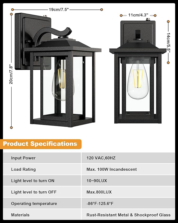 LTBLIGHT Dusk to Dawn Outdoor Lighting Modern Black Waterproof Exterior Wall Sconce Sensor Front Porch Lights with E26 Base for House Garage Patio Front Door 120V