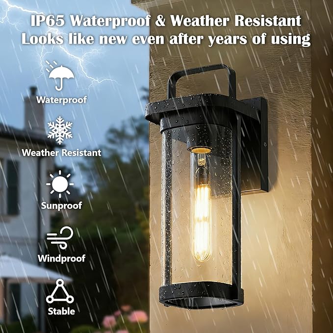 LETRY 2-Pack Outdoor Wall Lights Porch Lights Waterproof Outdoor Wall Sconce Lanterns Exterior Lighting Fixtures Matte Black with Clear Glass Shade for House Patio Garage Doorway Entryway