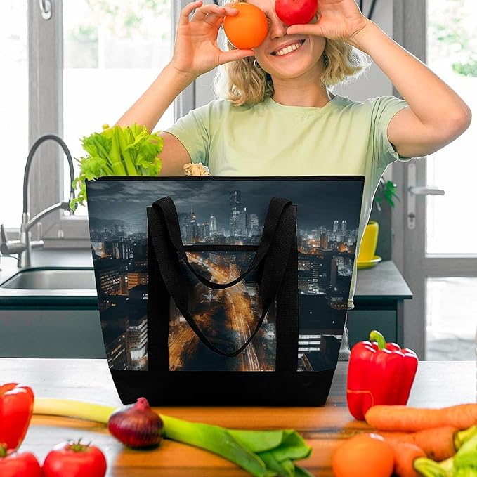Insulated Shopping BagLarge Reusable Cooler Bags City Night View Printed Foldable Shopping BagTravel Waterproof Shoulder Bag