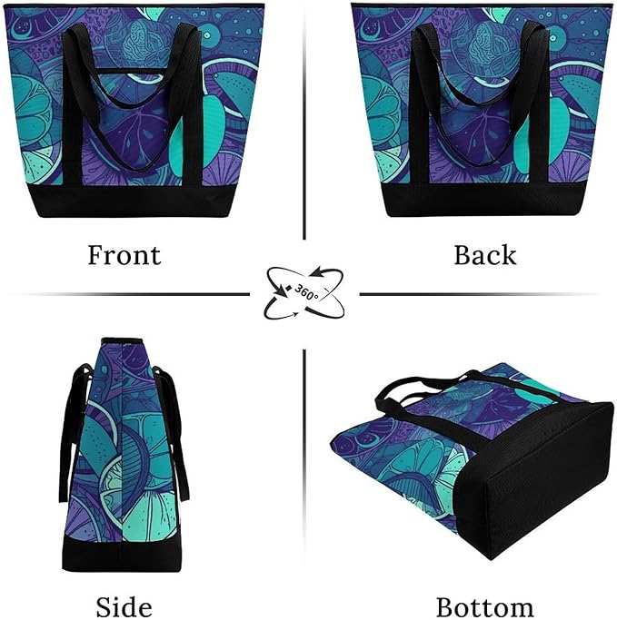 Insulated Shopping BagLarge Reusable Cooler Bags Blue Teal Lemon Printed Foldable Shopping BagTravel Waterproof Shoulder Bag