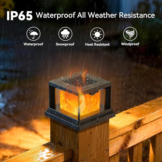 Solar Post Cap Lights Outdoor with Flickering Flame Waterproof Fence Post Solar Lights for 4x4 Wooden/Vinyl Post Black High Brightness Outside Post Cap Lights for Yard Patio Deck Halloween 12-Pack