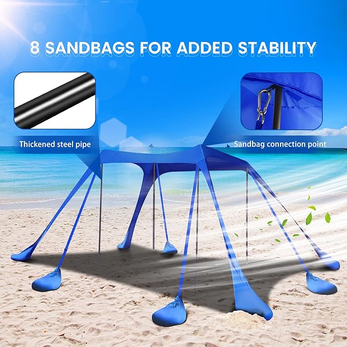 Beach Tent Sun Shelter 10x10FT Beach Shade Canopy with 8 Sandbags UPF 50+ Protection Beach Shade Canopy Outdoor Tent for Beach Camping Trips Fishing Backyard