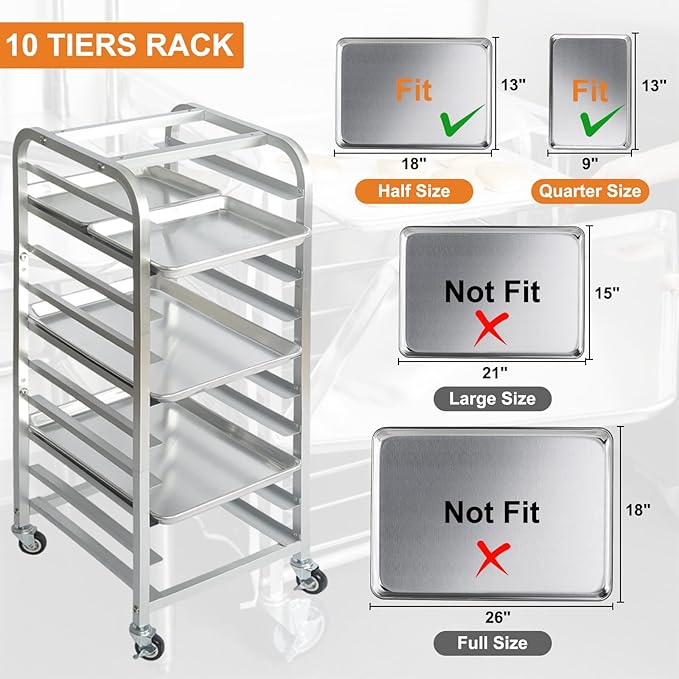 10-Tier Quarter &amp Half Sheet Pan Rack - Bread Baking Speed Rack for Cooling Bakery Stand with wheels for Bun Pan Tray Home Kitchen Tiered Rolling Cart for Oven(for 1/2 &amp 1/4 Sheet)