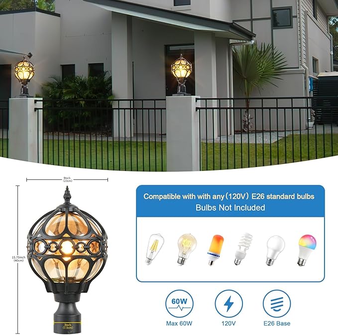 2 Pack Outdoor Globe Lamp Post Light Fixtures 15.8 Black Sphere Post Top Lantern for Patio Porch Driveway Hardwired Anti-Rust Aluminum Pillar Light with Amber Glass Fits Standard 3 Post