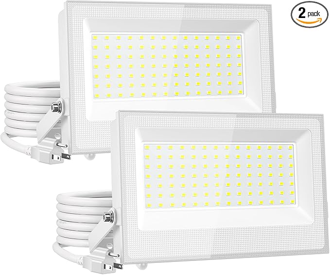 Onforu 120W Flood Lights Outdoor12000lm White LED Work Light with Plug 6500K Daylight White LED Flood Lighting IP66 Waterproof Security Yard Lights for Yard Garage Stadium 2 Pack