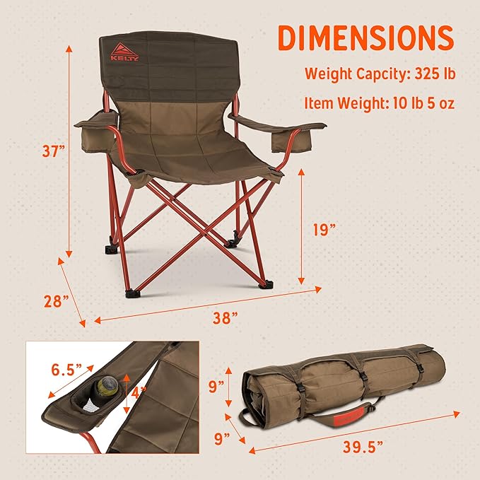 Kelty Deluxe Lounge Chair – Folding Outdoor Camp Chair Insulated Cupholders Customized Recline Steel Frame Padded Roll Storage 2024 (Deep Lake)
