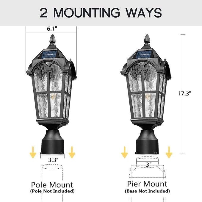 Emliviar 2 Pack Waterproof Solar Post Lamps in Black Finish for Pathway 17.3'' Dusk to Dawn Garden Patio Post Lights Includ LED Bulbs with Water Grain Glass Shade YXE302P-2PK SL BK