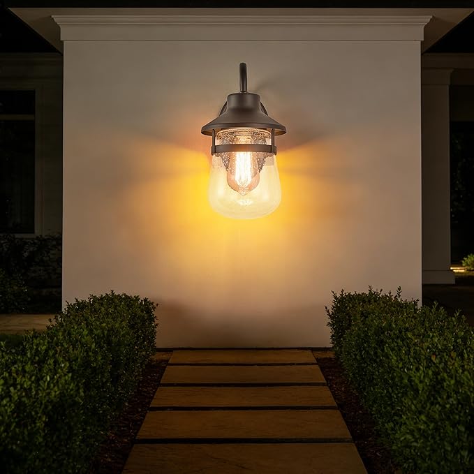 Classic Updated Dusk-to-Dawn Outdoor Light. Outside Exterior Porch Wall Light Fixture in Textured Black. Anti-Rust and Waterproof Wall-Mounted Lantern. Outside Light for House Front Door.