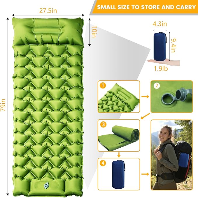 Camping Sleeping Pad 4in Thick Ultralight Inflatable Camping Mat with Pillow Built-in Foot Pump Sleeping Mat Wide Compact Camping Pad for Travel Tent Hiking Backpacking Trip Car Camp Gear