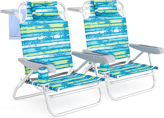 Giantex 2-Pack Folding Camping Chair with 5 Adjustable Positions Head Pillow Towel Bar Armrests &amp Cup Holder Portable Outdoor Backpack Chair for Lay Flat Sunbathing Picnic Beach Green