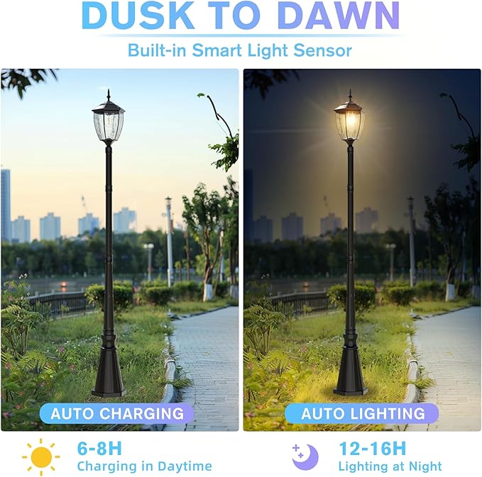 90'' H Solar Post Lights 2700K Solar Lamp Post Light Waterproof Dusk to Dawn Pole Lights Outdoor lamp Posts Lighting for Garden Patio Yard Pathway Gate Remote Control Black(Warm White)