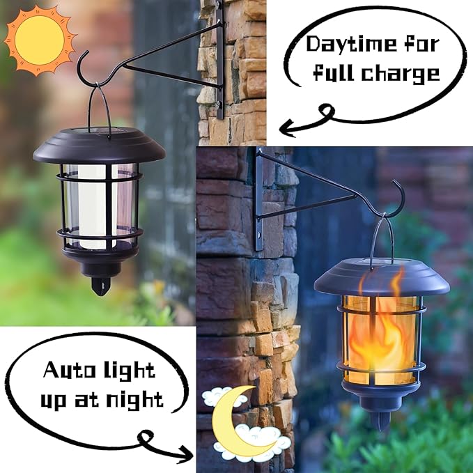Dynaming 4 Pack Solar Flame Wall Lanterns Outdoor Solar Powered Wall Mounted Sconce Lights Flickering Flame LED Light Auto On/Off Hanging Lights Waterproof for Garage Stair Patio Porch Yard
