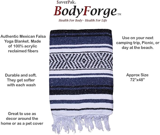 $averPak BodyForge Authentic Mexican Falsa Yoga Blanket (Blue/Black/White)