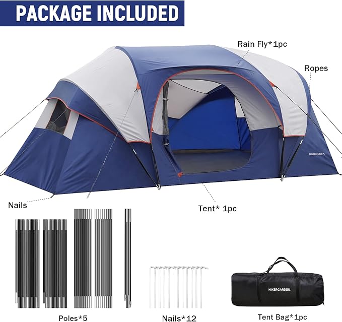 HIKERGARDEN 10 Person Camping Tent - Portable Easy Set Up Family Tent for Camp Windproof Fabric Dome Tent Outdoor for Hiking Backpacking Traveling-14'x11'x74in(H)