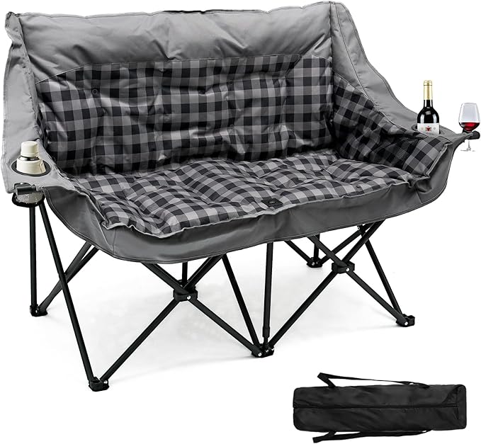 DoCred Double Camping Chair - Oversized Loveseat Padded Camp Chair 2 Person Camping Chairs for Adults Heavy DutyTwo Person Folding Chairs with Cup Holder for Outside Picnic Beach Travel