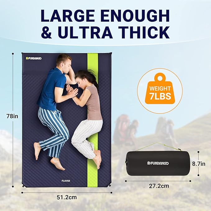 FUNDANGO Double Self Inflating Sleeping Pad for Camping Sleeping Mat with Built-in Pillow Portable Lightweight Large Inflatable Foam Air Mattress 2 Person for Backpacking Tent CarTravel Outdoor