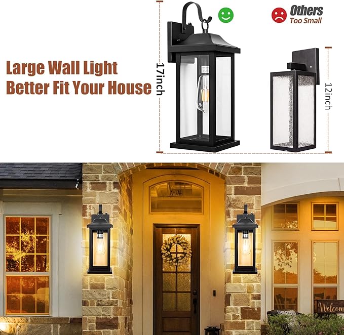 Dusk to Dawn Large Outdoor Wall Light 17 Inch Exterior Light Fixture Porch Light with Tempered Clear Glass IP65 Waterproof Anti-Rust Outside Wall Sconce Matte Black Wall Lantern 1-Pack