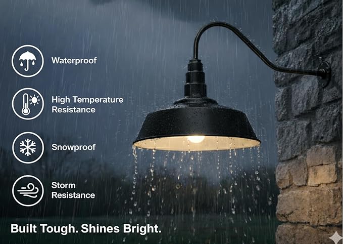AGB102-AS20-BK Gooseneck Barn Light - Black Outdoor Dome with Incandescent Downlight | Wall-Mount Fixture for Patios Gardens Pathways and Large Outdoor Living Spaces