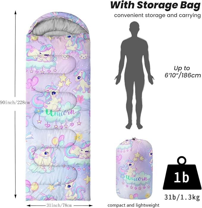 Sleeping Bags for Adults Youth Kids3D Printing Camping Sleeping Bag for Girls Boys Lightweight Waterproof Cold/Warm Weather Sleeping Bag for 3 Seasons