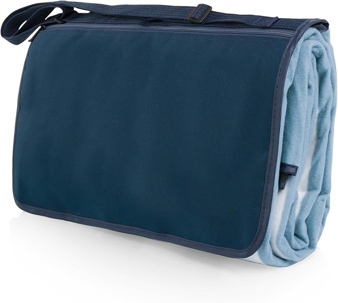 Picnic TIME Blanket Tote XL Outdoor Picnic Blanket 70x80 Foldable Beach Mat with Soft Fleece Top Water-Resistant Backing Carry Strap &amp Pocket Portable Blanket for 4-5 People (Coastal Stripe)
