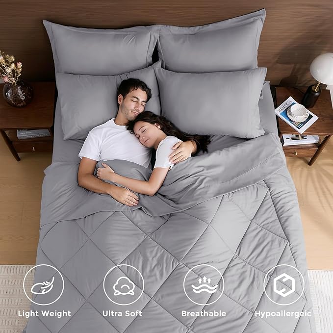 HEVUMYI Light Grey King Comforter Set - 7-Piece All Season Bed in a Bag King Ultra Soft Bedding Set with Comforter Flat Sheet Fitted Sheet Pillowcases Pillow Shams Light Gray