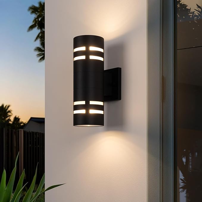 mirrea 12in Modern Outdoor Porch Light Patio Light in 2 Lights with Aluminum Cylinder and Tempered Glass Cover Waterproof Wall Sconce Matte Black 2 Pack