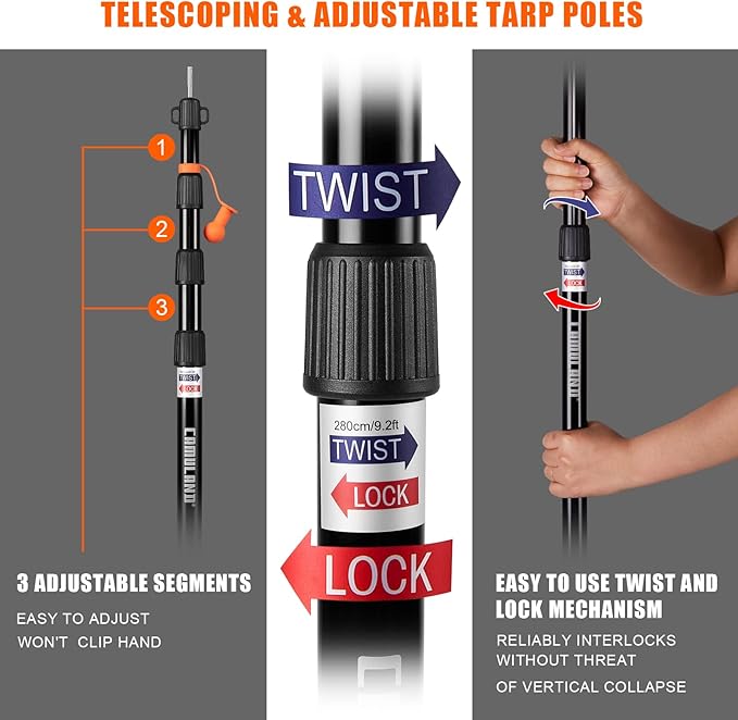 Tent Poles for Tarp CAMULAND Telescoping Camping Gear Accessories Stakes for Hammock Rain Fly Sun Shade Adjustable Lightweight Aluminum Set of 34.5 - 110.2 Hiking Awning/Outdoor with Carry Bag