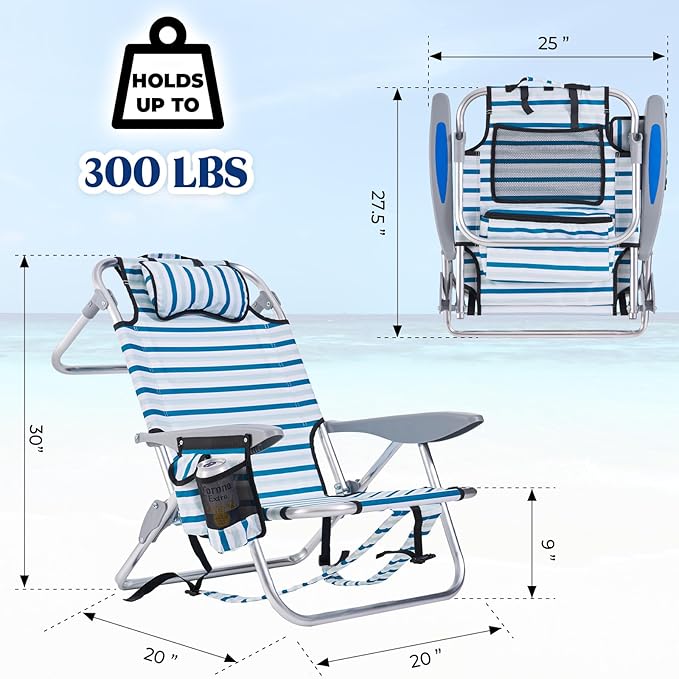 Portable Beach Chair for Adults Outdoor Camping Chair Lay Flat Folding Backpack Beach Reclining Chair with 5 Positions Headrest Cup Holder Heavy White Striped