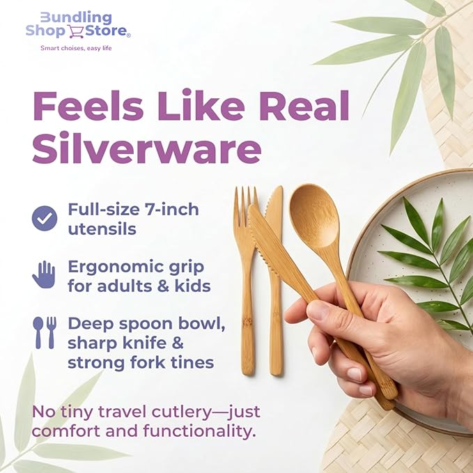Reusable Bamboo Utensil Set 90 – Eco-Friendly Portable Wooden Cutlery for Travel Camping Office Lunches &amp Picnics – Lightweight Durable &amp Dishwasher Safe