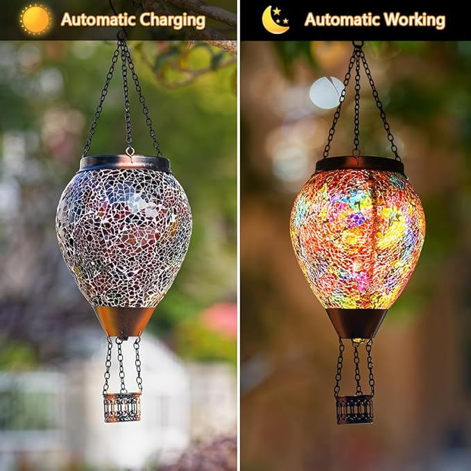 Mosica Hot Air Balloon Solar Lantern with Flame Glass Hanging Solars Lanterns Outdoor Waterproof Decorative Solar Light for Garden Yard Patio Decor