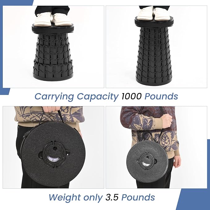 2 Pack Upgraded Folding Stool 19.7 Collapsible Stool Height Max Weight 1000lbs Portable Telescoping Seat with Cushion and Storage BagRetractable Folding Chair for Camping Hiking Outdoor BBQ-Black