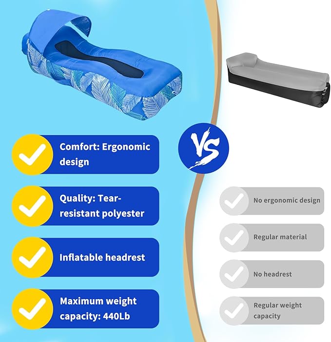 Inflatable Couch Inflatable Lounger Air Sofa | No-Pump Blow Up Couch | Ergonomic Design Air Couches Outdoor for Camping &amp Park &amp Beach Upgrade Your Camping Accessories-with Sun Shade