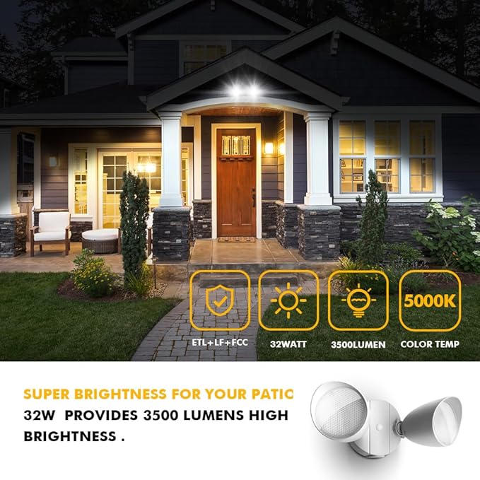 LUTEC 6222W-D2D 3500 Lumen 32 Watt Dusk to Dawn Dual-Head Flood Light Outdoor Waterproof Exterior Security Wall Light Full Metal Design Floodlight for Patio Garden Yard-White