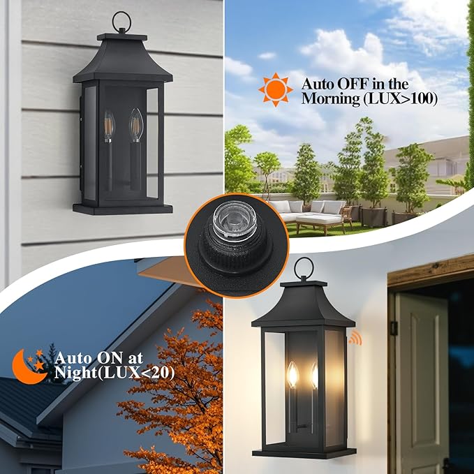 tewei 2-Pack Dusk to Dawn Outdoor Wall Lights 22'' Porch Light Outdoor Wall Sconce Lantern 2-Light Black Exterior Lighting Fixture Wall Mount Outside Light for House Garage