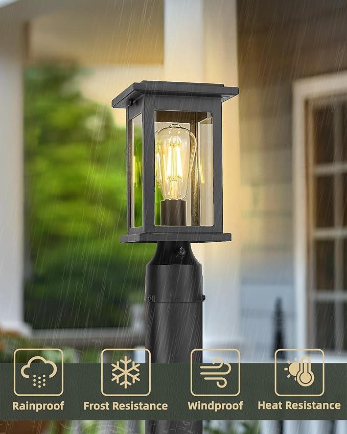 Dusk to Dawn Outdoor Post Lamp HWH 12.2 Inch Exterior Pole Lantern with Photocell Sensor Lamp Post Light with Clear Glass 5HD37P PC BK