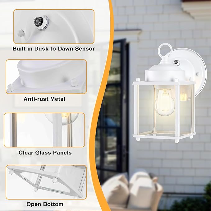 Dusk to Dawn Outdoor Wall Lantern Exterior Waterproof Sconces Lighting Wall Mount Front Porch Light Anti-Rust Metal Outside Light Fixtures with Clear Glass Matte White 2-Pack