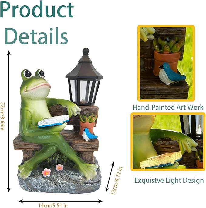 Reading Frog Solar Garden Statue with Lantern Light - Outdoor Decorative Resin Sculpture Weather-Resistant LED Solar Figurine for Yard Patio Garden Path Porch Ambience Lighting Decor