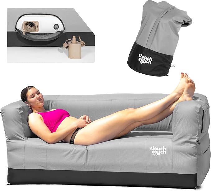 Slouch Couch | Air Sofa with Built-in Pump Hidden Cup Holders Storage Pockets | Durable Blow Up Couch with High-Performance Fabric for Camping Beach Home &amp Outdoors (Harbor Gray)