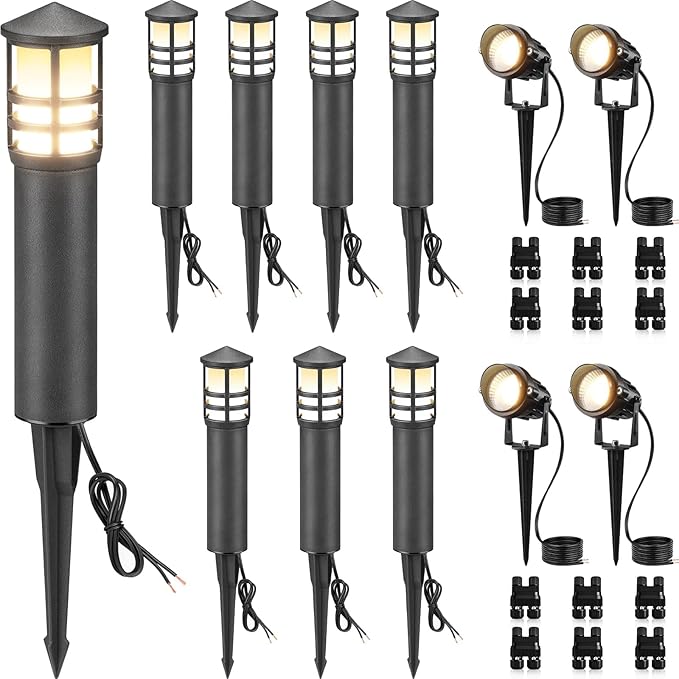 SUNVIE 12-Pack Low Voltage Landscape Lighting Kit LED Bollard Pathway Lights Wired with Spotlights for Garden Path Yard Patio Cast-Aluminum IP65 Waterproof 12-24V AC/DC 3000K Warm White Black