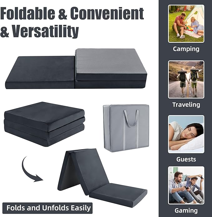 HOMBYS Tri Folding Memory Foam Camping Mattress for Outdoor Sleeping Portable Waterproof Camping Pad Mat for Travel Truck Bed Tent